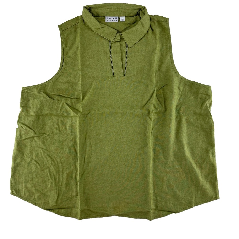 Joan Rivers Sleeveless Linen Top 2XP Olive Green Tank Ladder Stitch